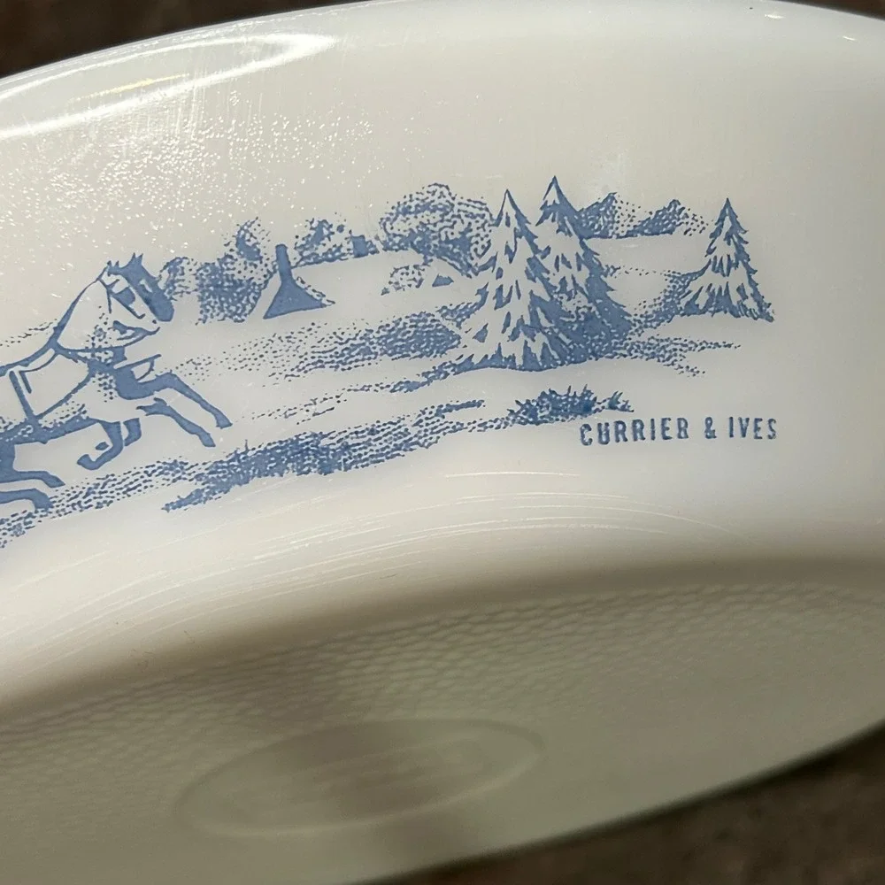Glasbake Currier & Ives Blue Sleigh Milk Glass Divided Serving Dish Oval Cozy